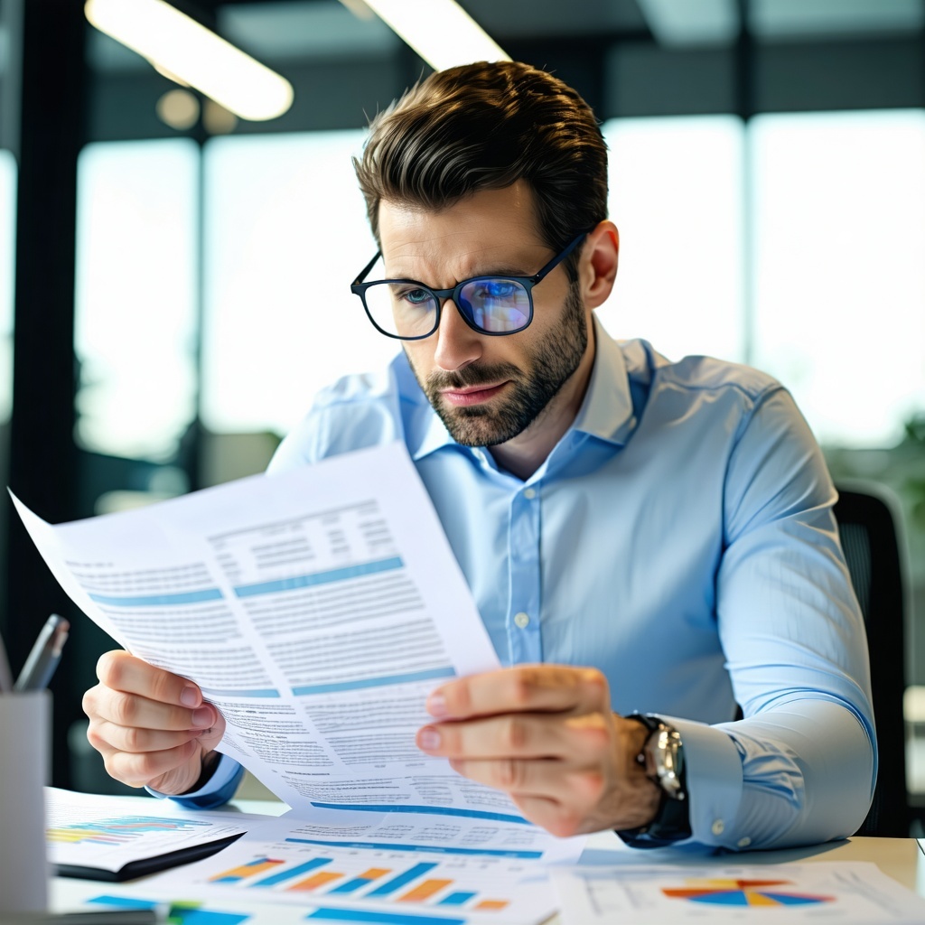 Finance manager at his office with blured background looking at a paper and analyzing if he should pay or not-1